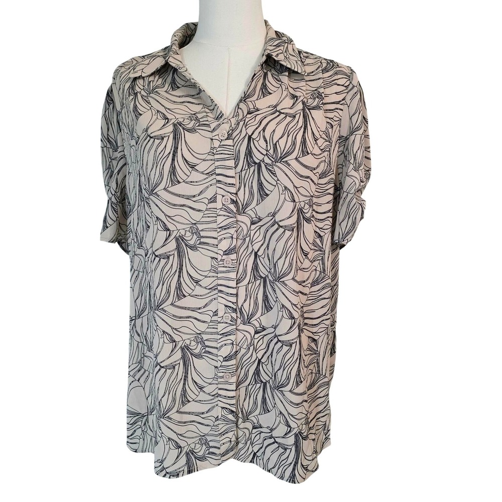 Adrianna Papell Button Down Blouse Womens Large Tan Black Leaf Print New NWT